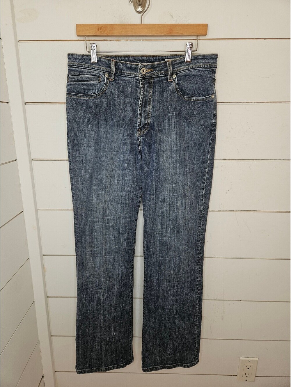 Chico's Platinum size 12 distressed blue medium wash straight leg denim jeans